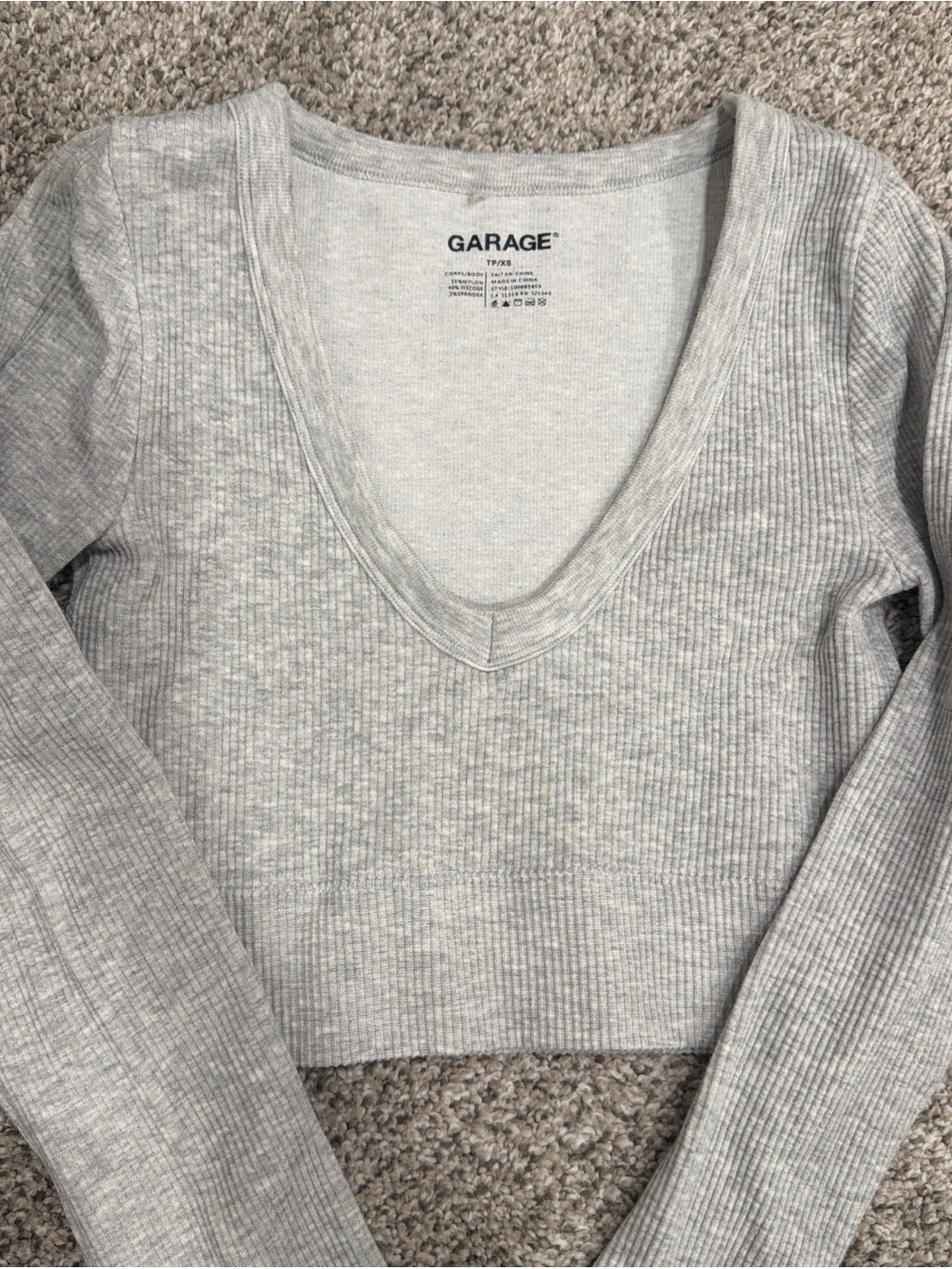 Garage Light Gray Ribbed V-Neck Long Sleeve Top